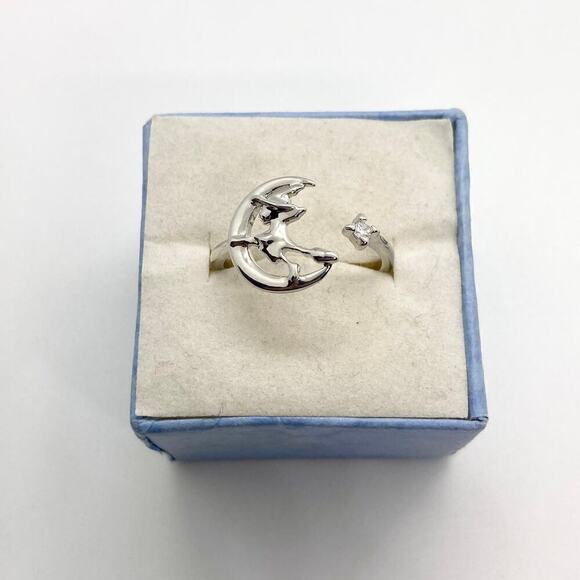 Adjustable Silver Tone Crescent Moon Witch Ring with CZ Stone - Picture 1 of 9